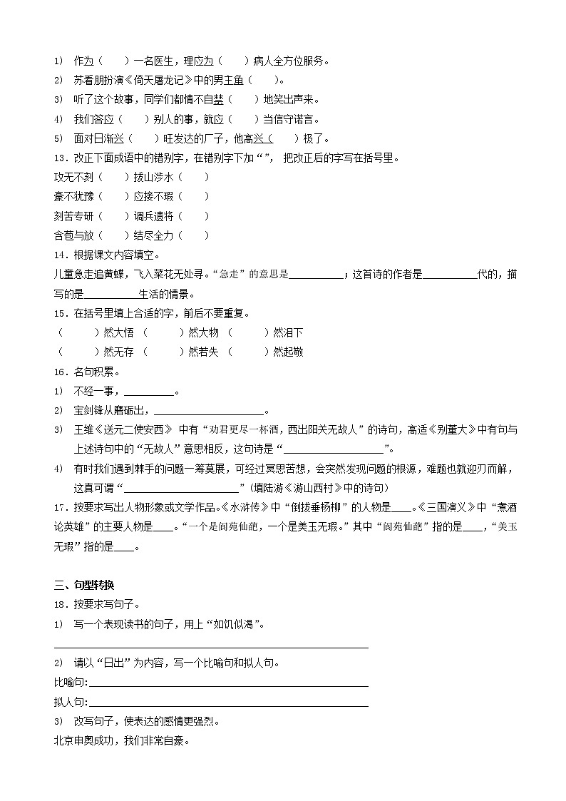 语文小升初知识专项训练复习试卷(有答案)(28页)第3页