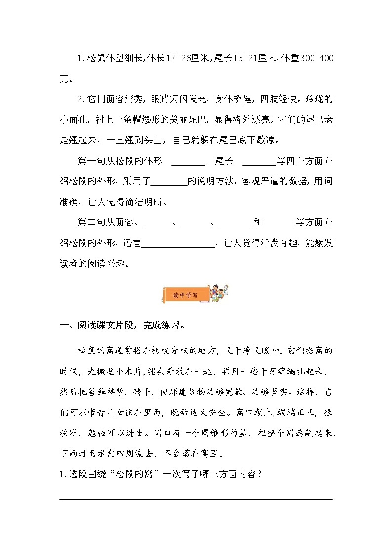 小学语文五年级上册《松鼠》作业设计02