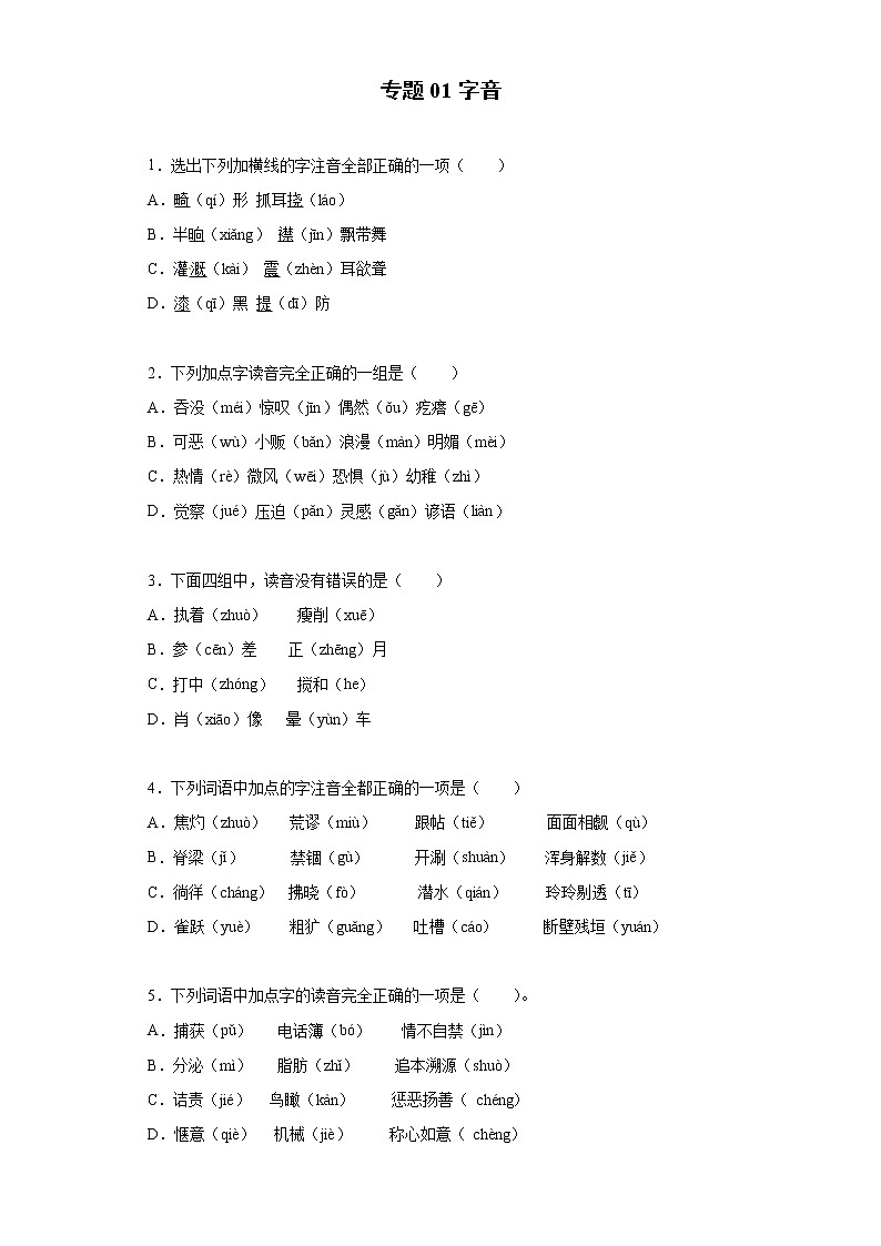 小学语文小升初试题   小升初高频考点必刷黄金100题专题01字音 （部编版，有答案）01