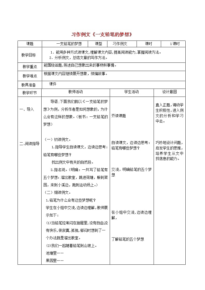 人教部编版人教部编版语文三年级下册 第五单元 习作例文 一支铅笔的梦想 教学设计01