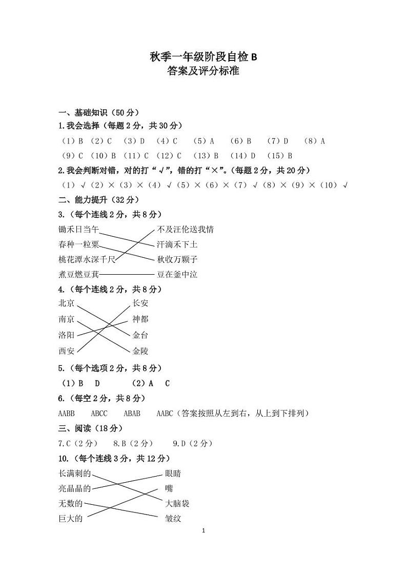 2020秋语文1阶大语文(全国版)-期末测评A4答案第1页