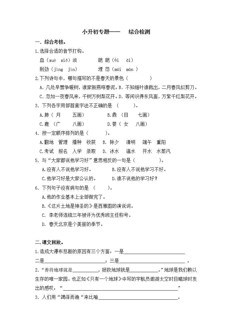 小升初专题—— 综合检测（试题）部编版语文六年级下册第1页