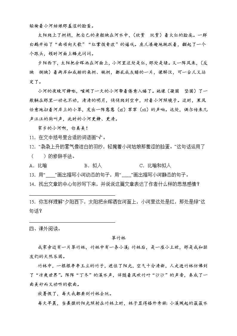 2022-2023学年部编版四年级语文下册期中专项复习-现代文阅读（试题）03