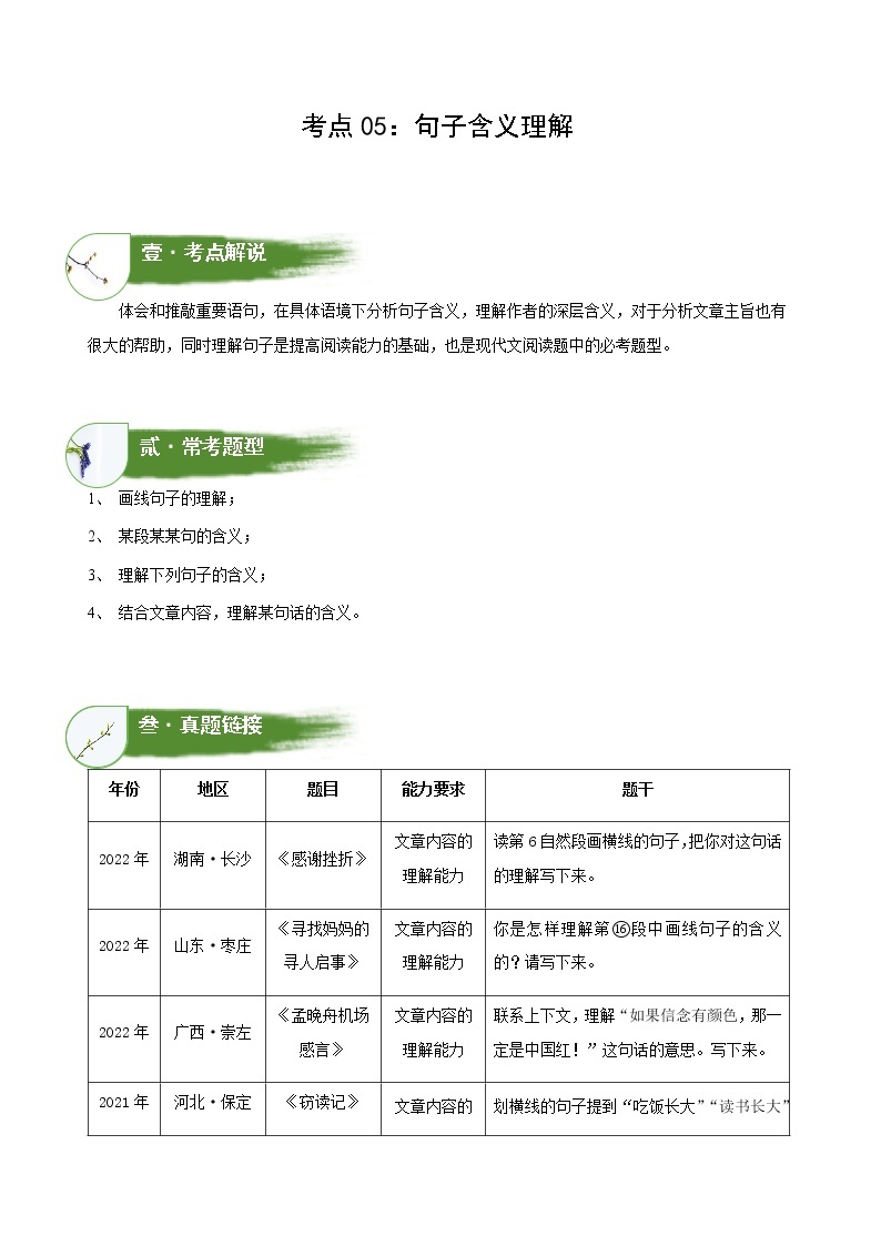 考点05：句子含义理解（讲解）（教师版） 学案01