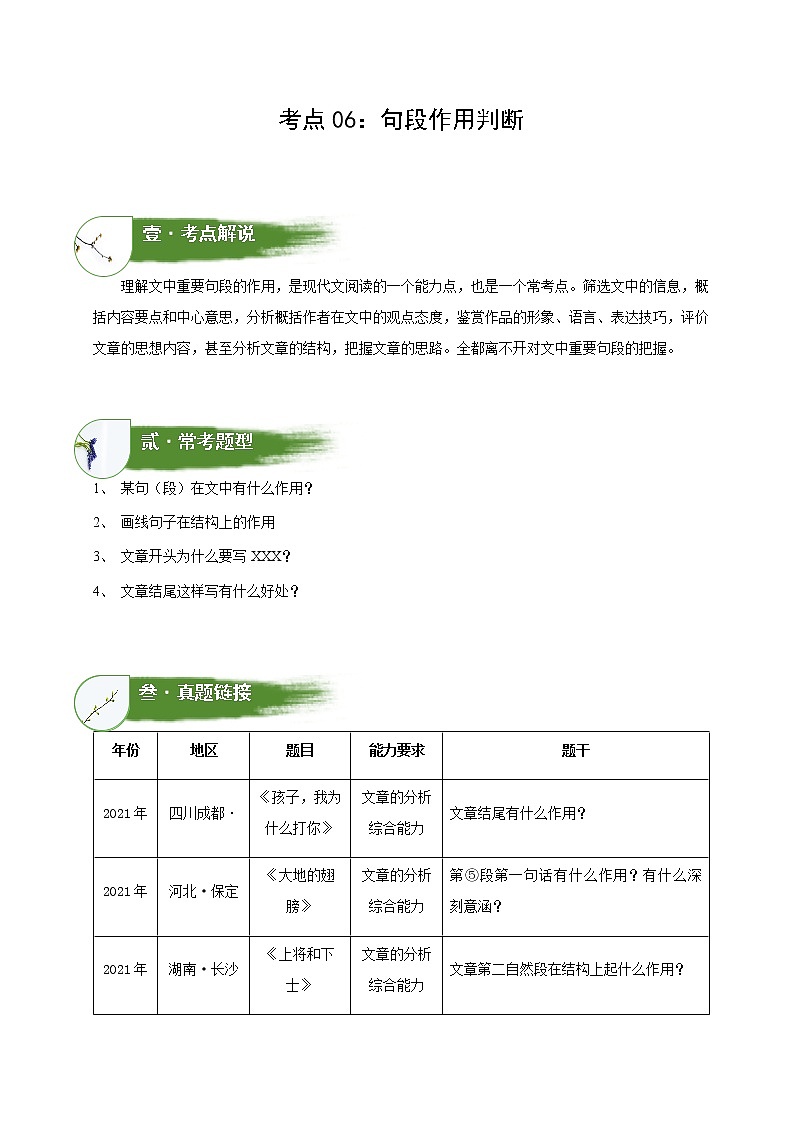 考点06：句段作用判断（讲解）（学生版） 学案01