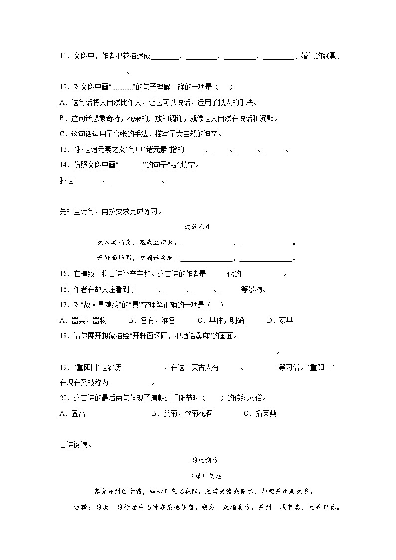 小升初诗词曲鉴赏检测卷-小学语文六年级下册部编版 (2)03