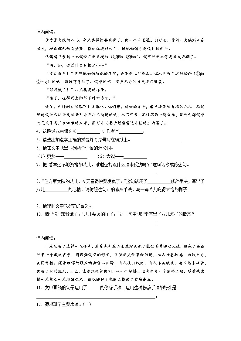 期中课内阅读检测卷-2022-2023学年语文六年级下册（部编版）02