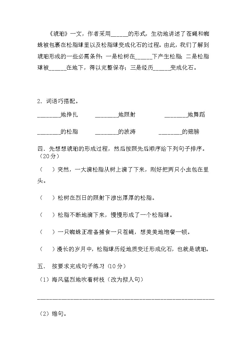 部编版语文四年级下册 5《琥珀》（同步练习）（无答案）03