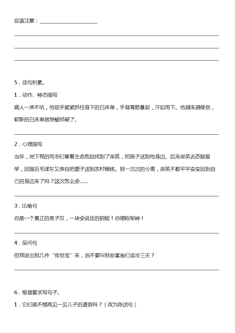 人教部编版语文五年级下册：第四单元专题复习—句子训练题（含解析）03
