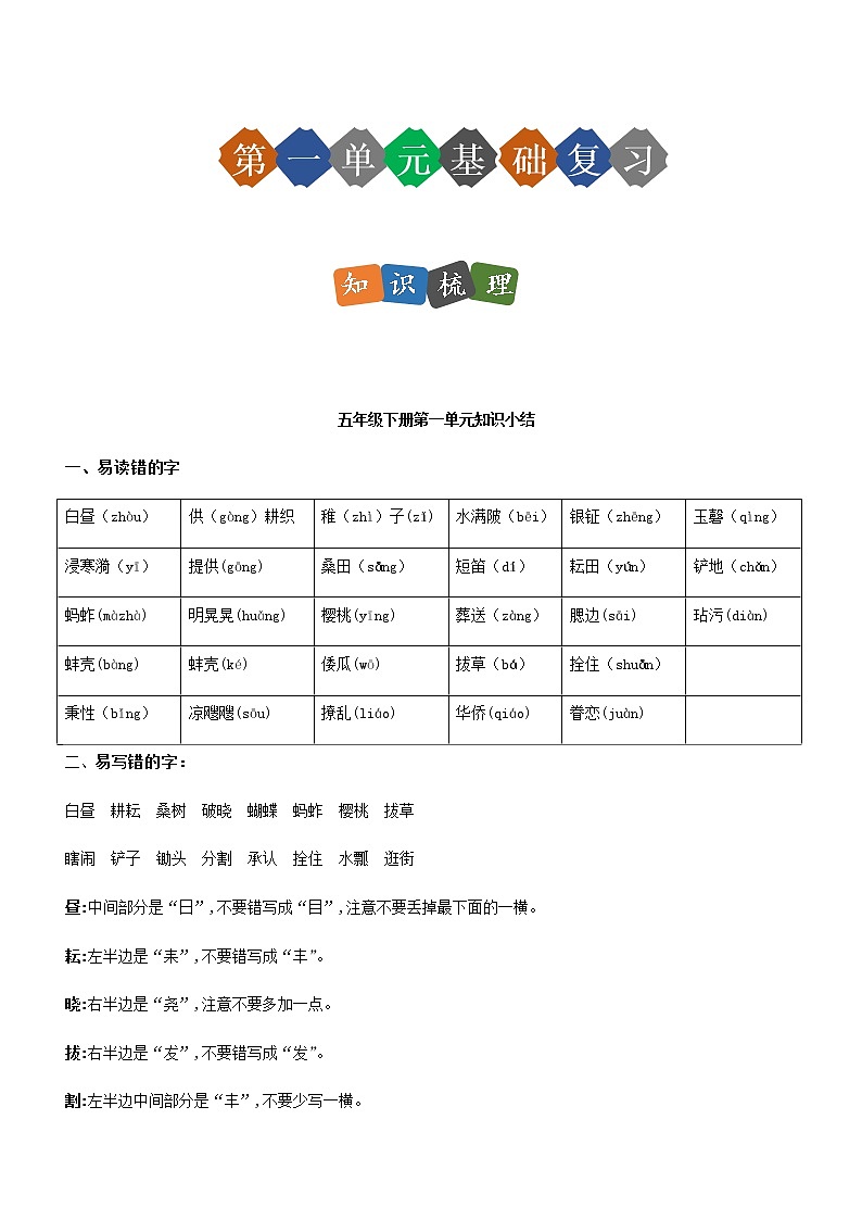 第一单元（单元基础复习+检测）部编版五年级语文下册第1页