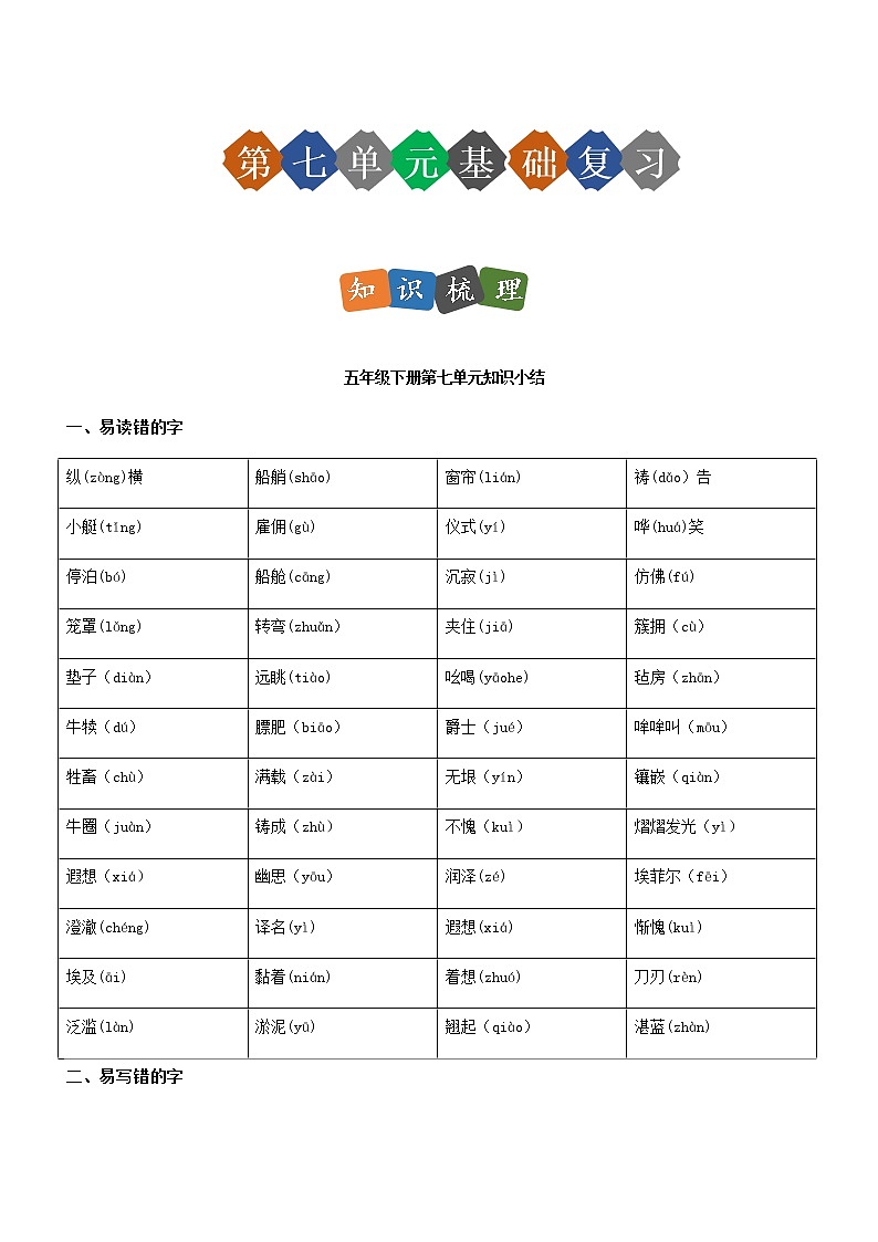 第七单元（单元基础复习+检测）部编版五年级语文下册01