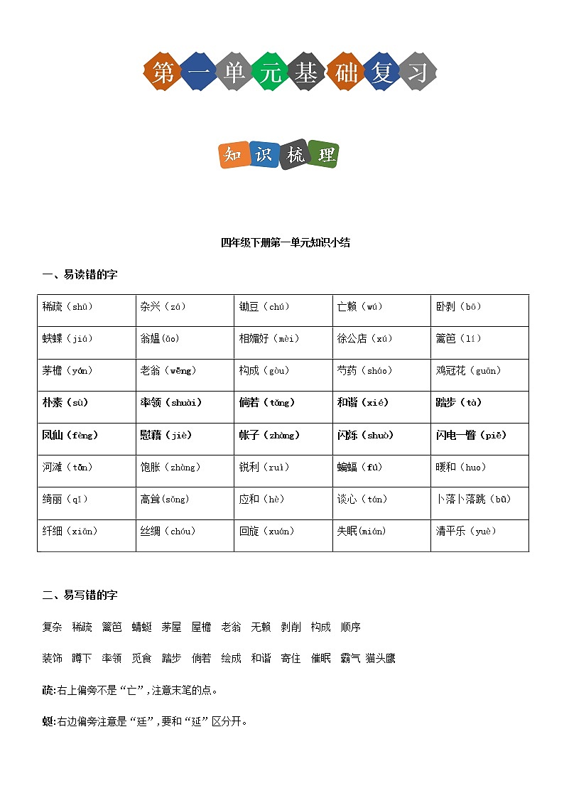 第一单元（单元基础复习+检测）部编版四年级语文下册01