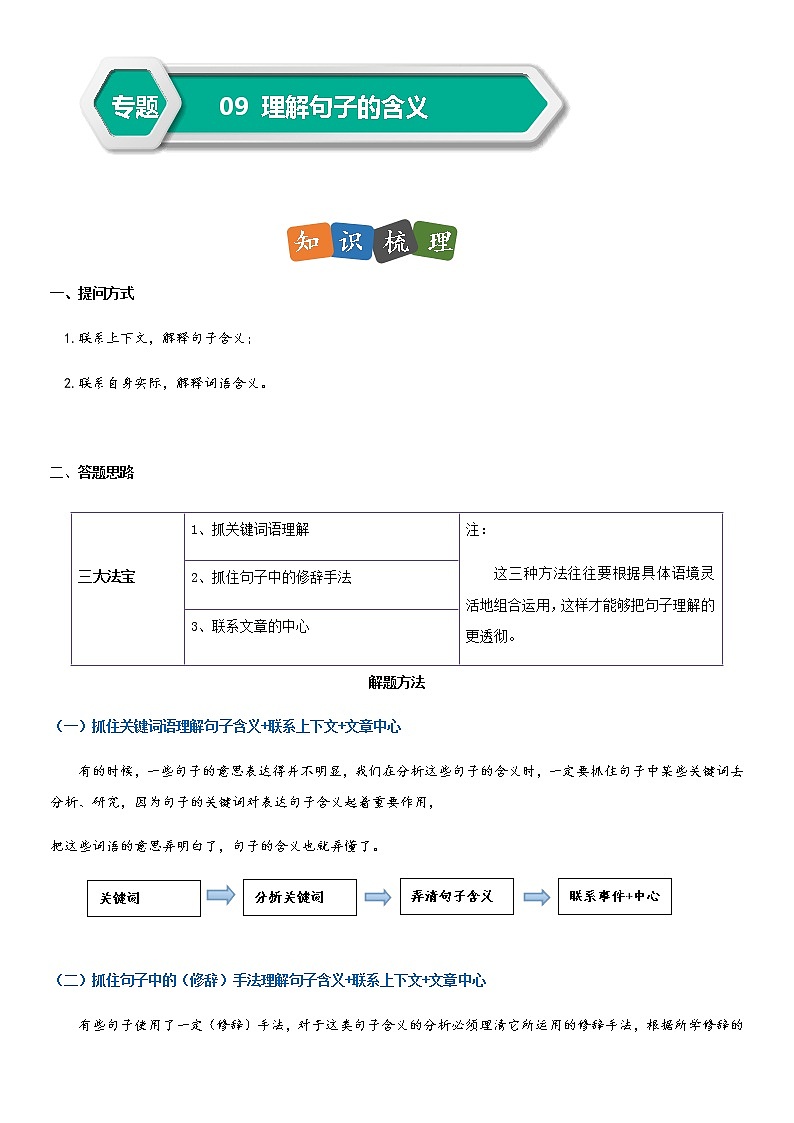 部编版小升初语文阅读理解专项复习训练——专题09 复习句子的含义（通用版）第1页