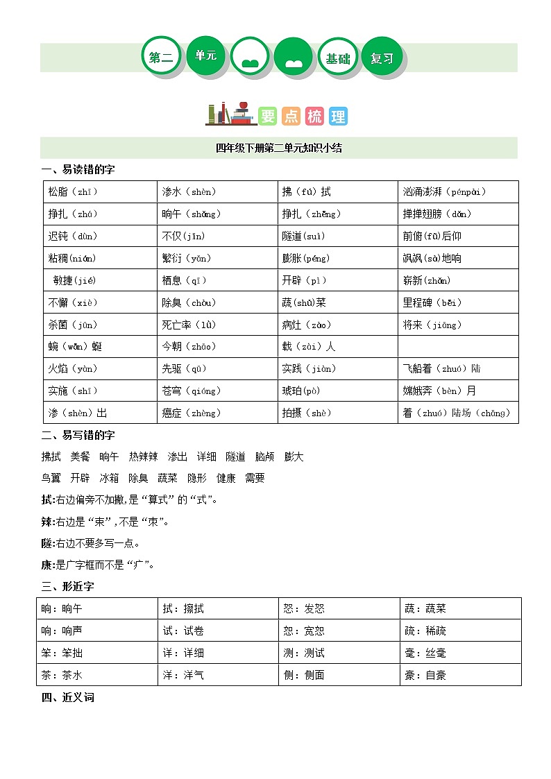 第二单元（讲义+检测）-2022-2023学年四年级语文下册单元复习讲义（部编版）第1页