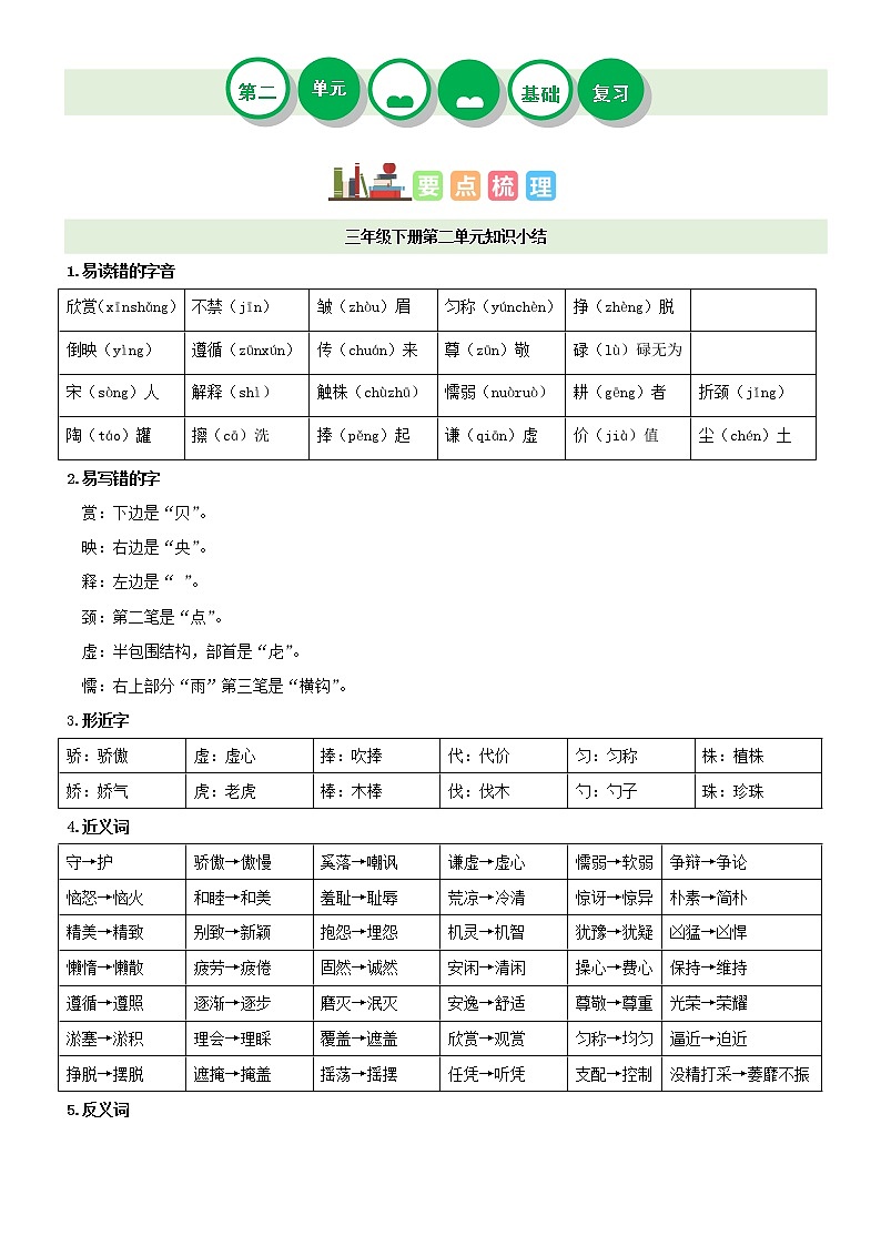 第二单元（讲义+检测）-2022-2023学年三年级语文下册单元复习讲义（部编版）第1页