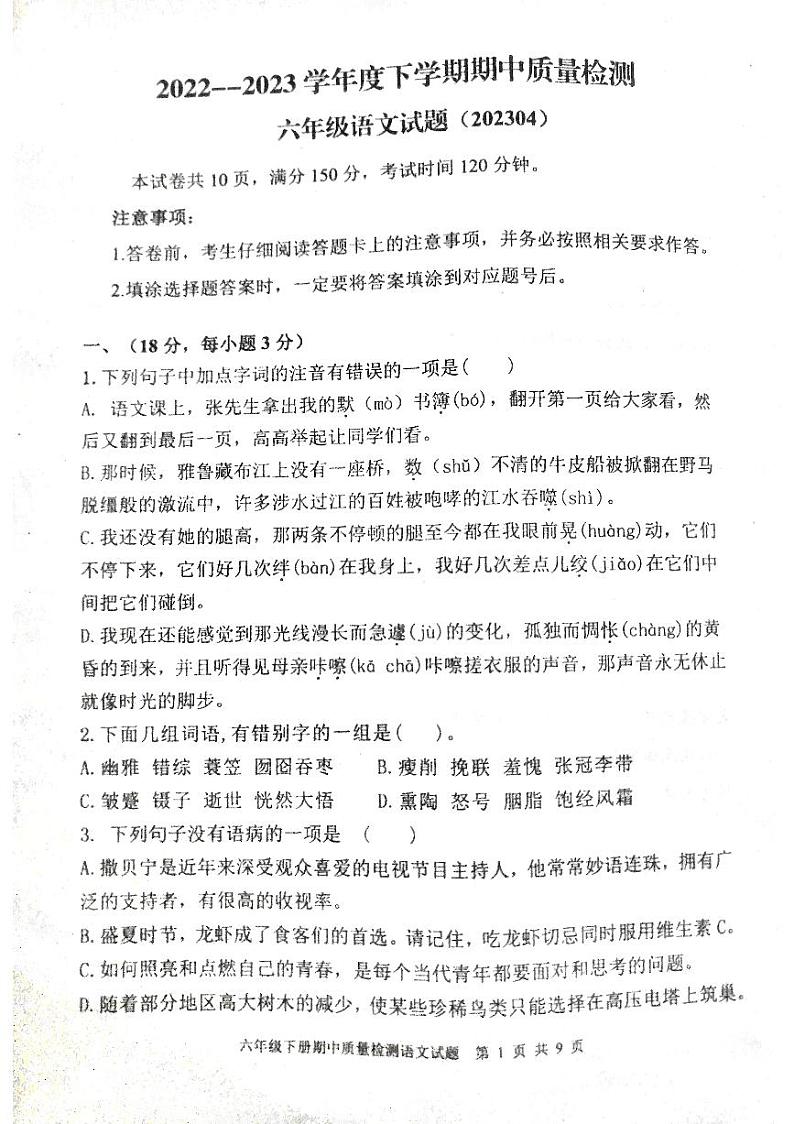 山东省泰安市东平县2022-2023学年六年级（五四学制）下学期期中考试语文试题01