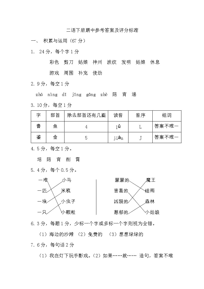 二年级语文期中学情参考答案及评分标准第1页