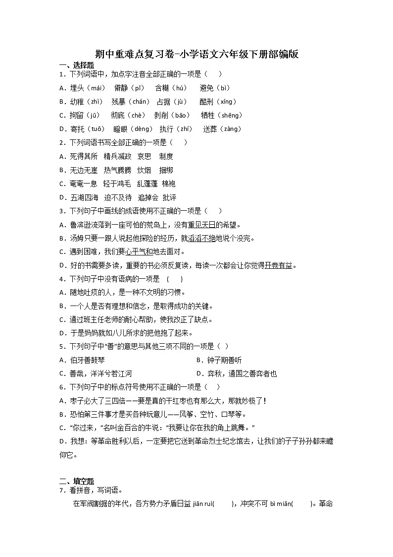 期中重难点复习卷-2022-2023学年语文六年级下册（部编版）01
