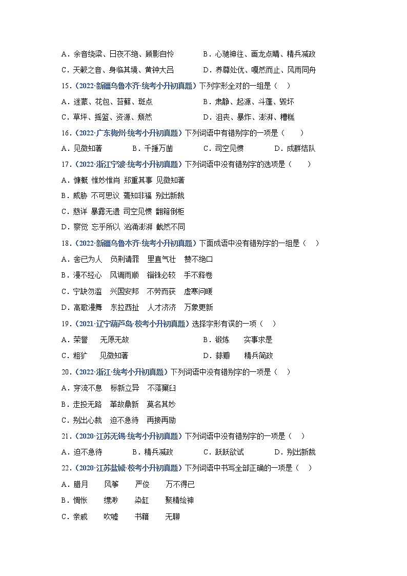 2023年小升初语文高频考点100题  专题02 字形（原卷）第3页