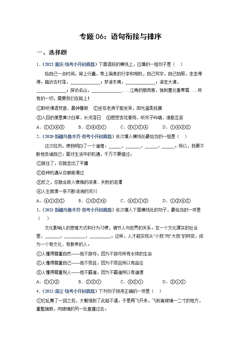 2023年小升初语文高频考点100题  专题06 语句衔接与排序01