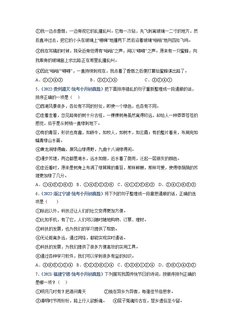 2023年小升初语文高频考点100题  专题06 语句衔接与排序02