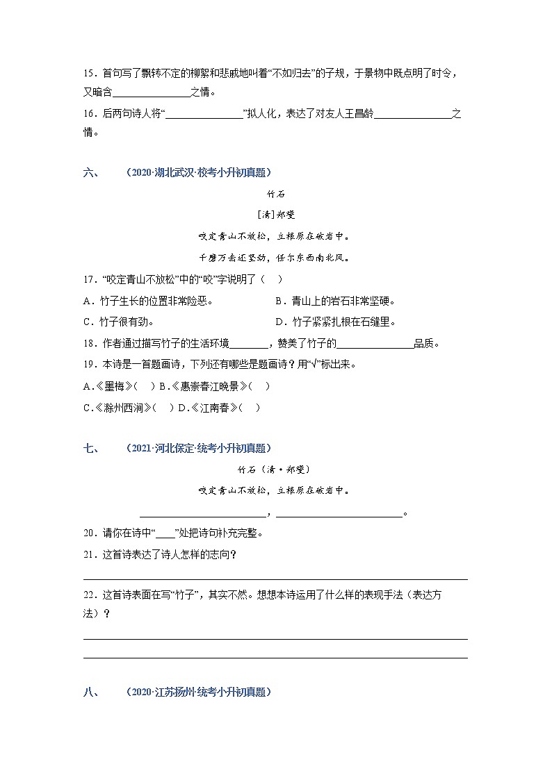 2023年小升初语文高频考点100题  专题10 诗歌鉴赏03