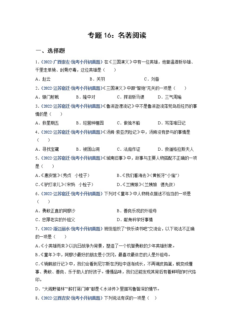 2023年小升初语文高频考点100题  专题16 名著阅读01