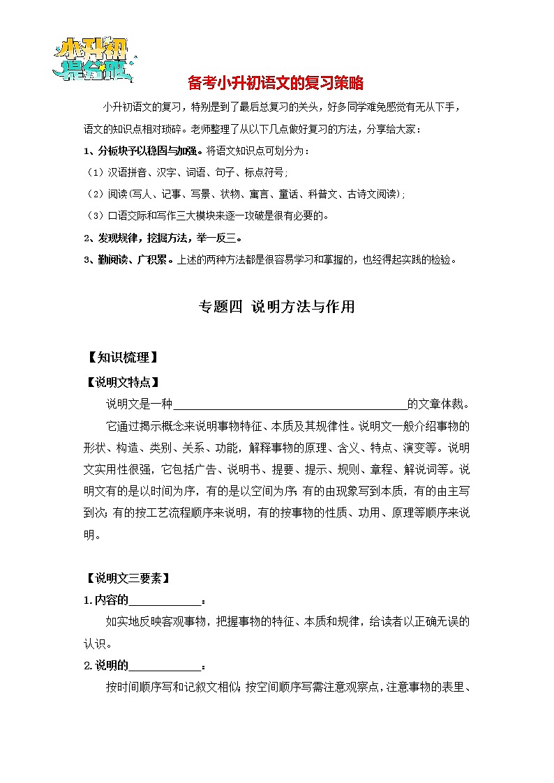 2023年小升初知识点复习 专题3 说明方法与作用（学生版）第1页