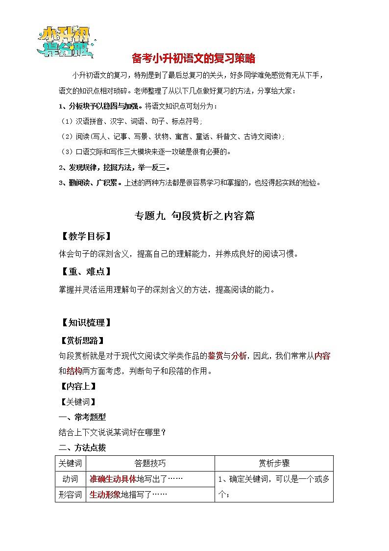 2023年小升初知识点复习 专题9 句段赏析之内容篇（解析版）第1页