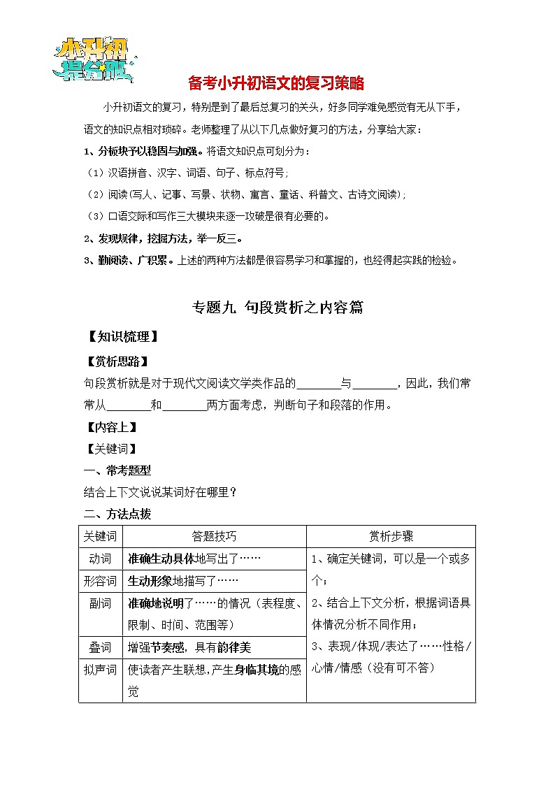 2023年小升初知识点复习 专题9 句段赏析之内容篇（学生版）第1页