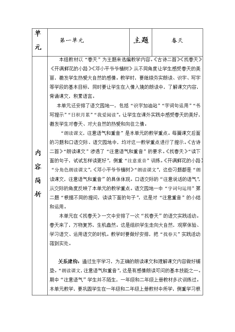 第一单元单元备课（教案）部编版语文二年级下册01