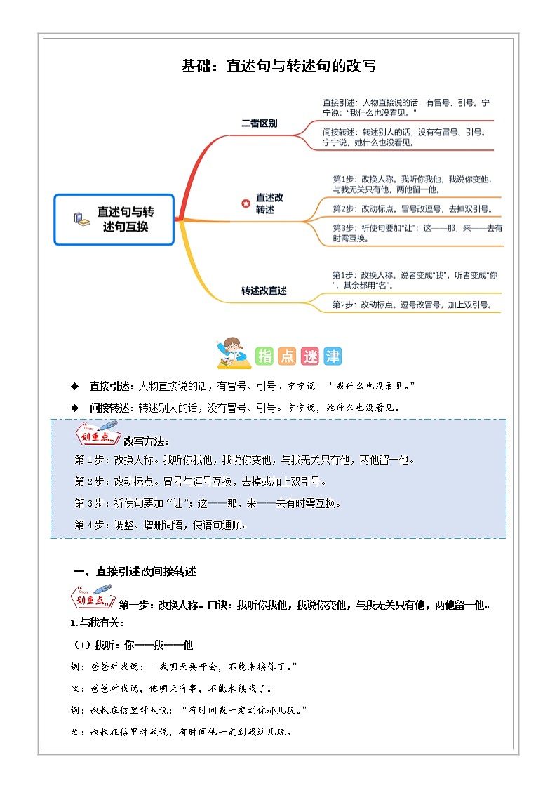 小升初语文专项知识  第16讲【基础】直述句与转述句的改写（试题版+解析版）01