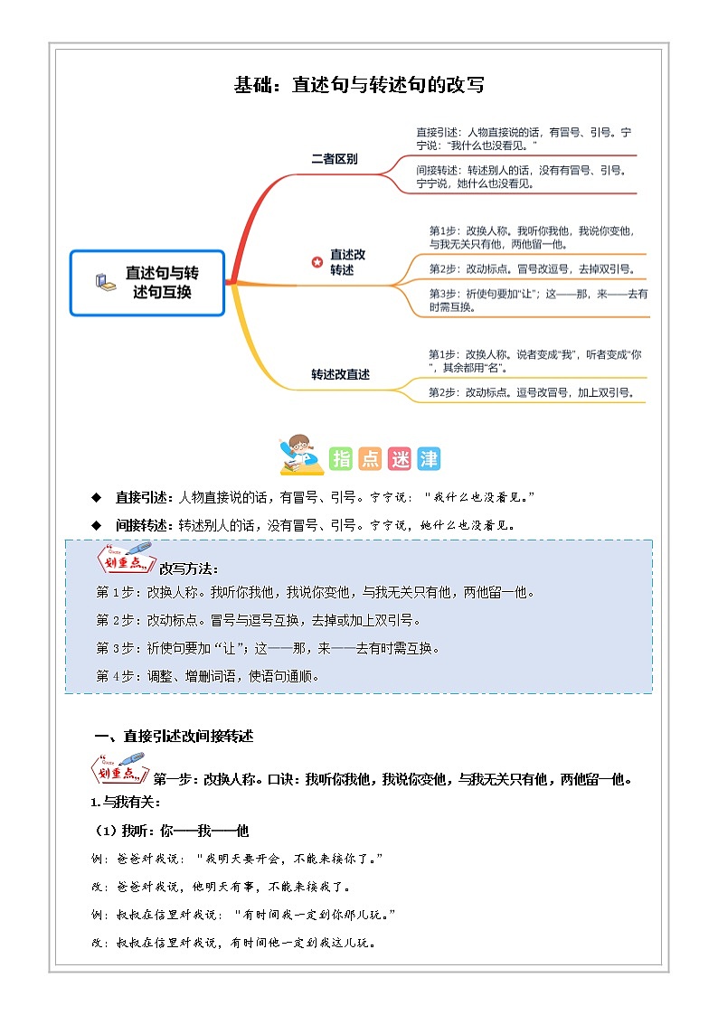 小升初语文专项知识  第16讲【基础】直述句与转述句的改写（试题版+解析版）01