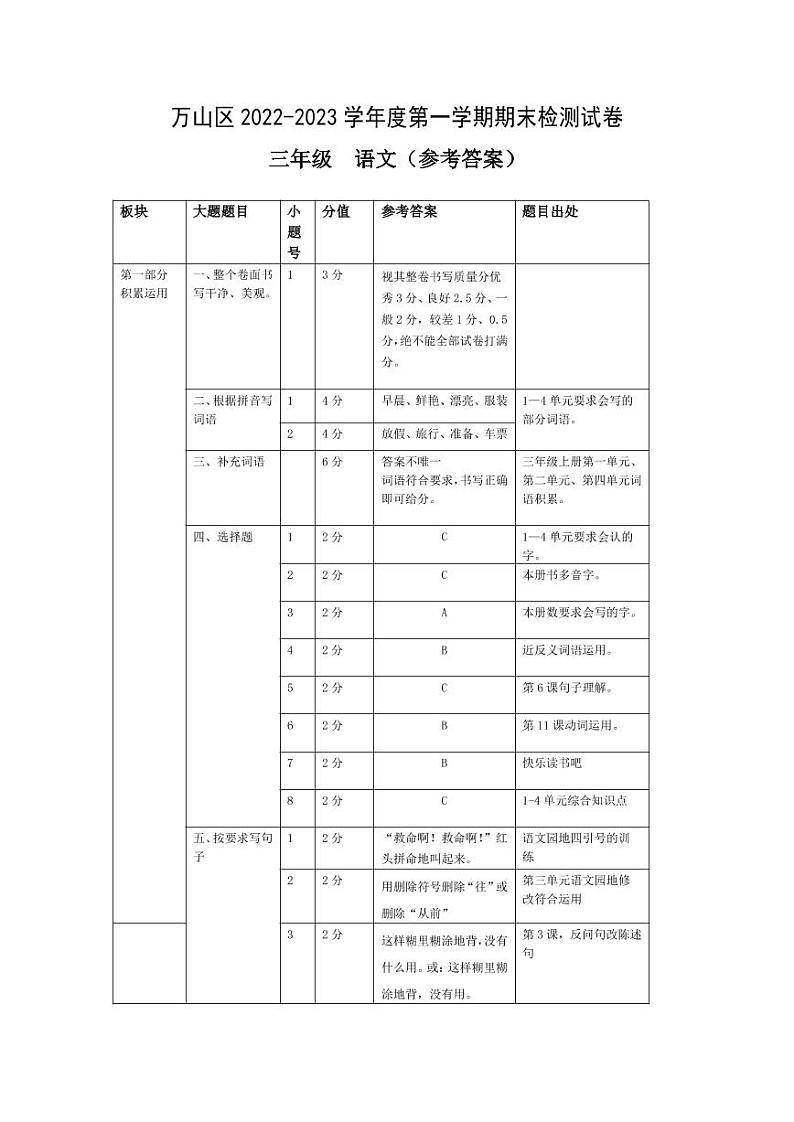 贵州省铜仁市万山区2022-2023学年三年级上学期阶段性学情诊断（期中）语文试卷01