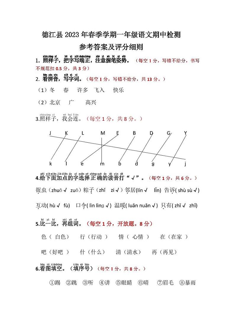 贵州省铜仁市德江县2022-2023学年一年级下学期语文期中试卷（图片版，含答案）01