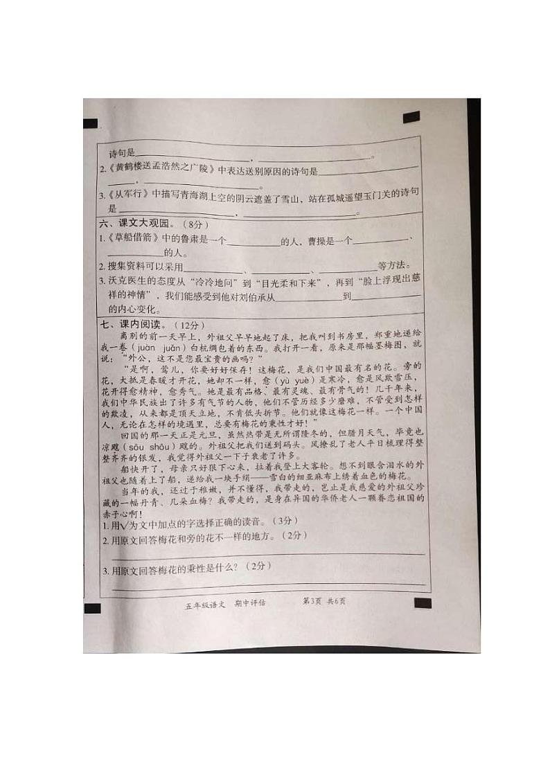 山东省济宁市金乡县2022-2023学年五年级下学期期中语文试题03