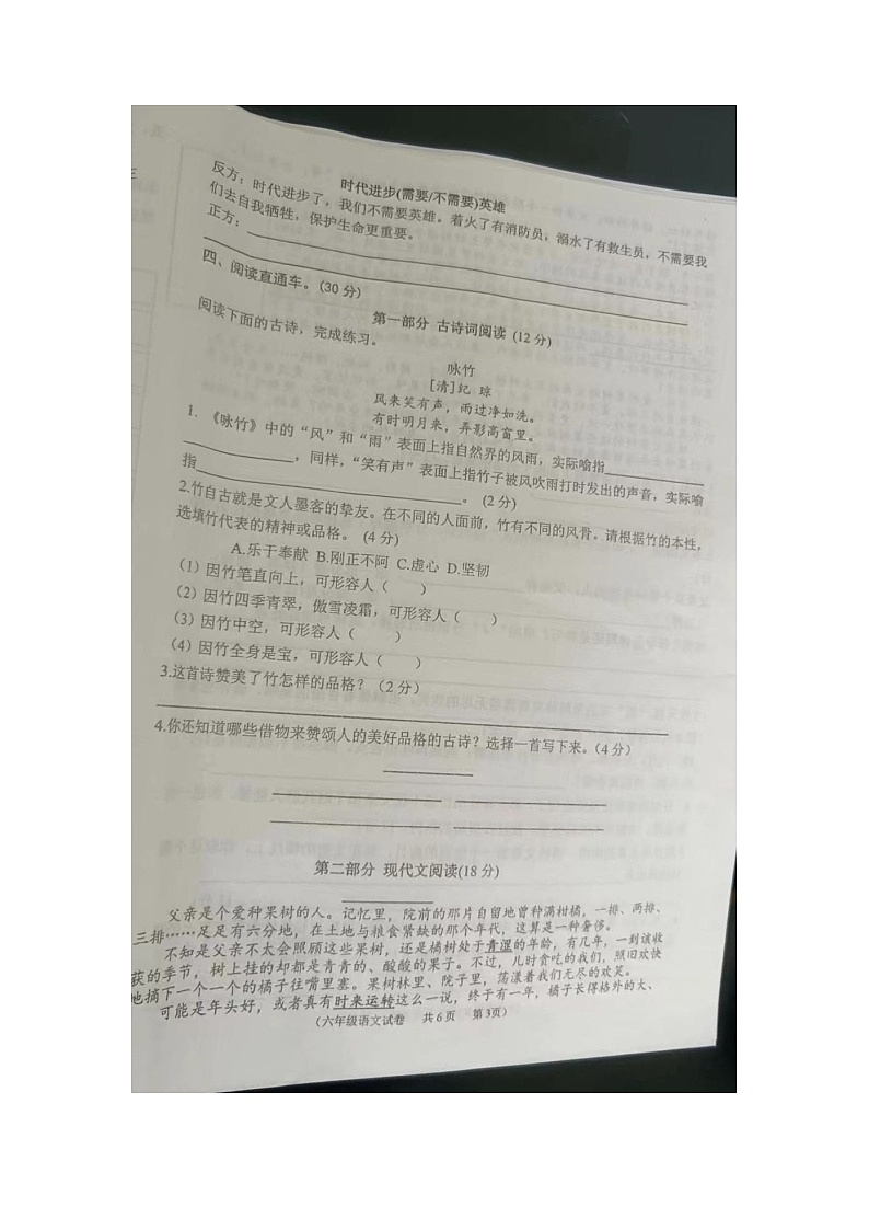 安徽省铜陵市义安区实验小学2022-2023学年下学期六年级语文期中试题第3页