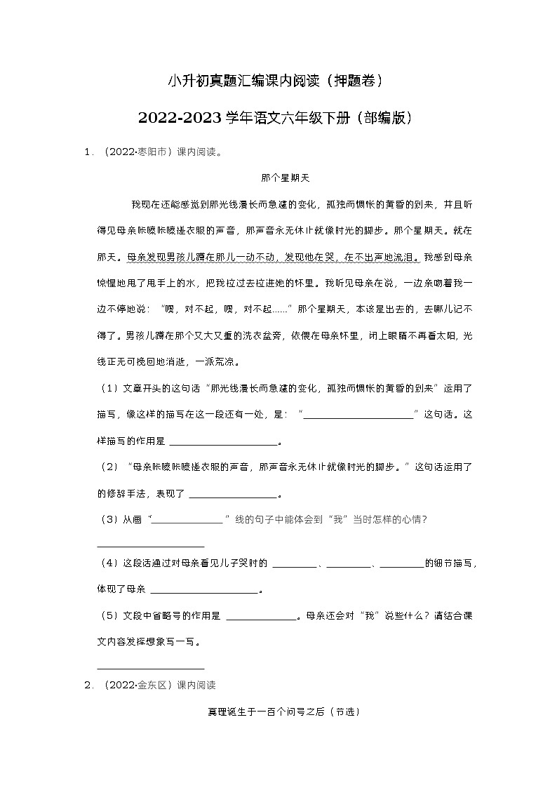 小升初真题汇编课内阅读（押题卷）-2022-2023学年语文六年级下册（部编版）01