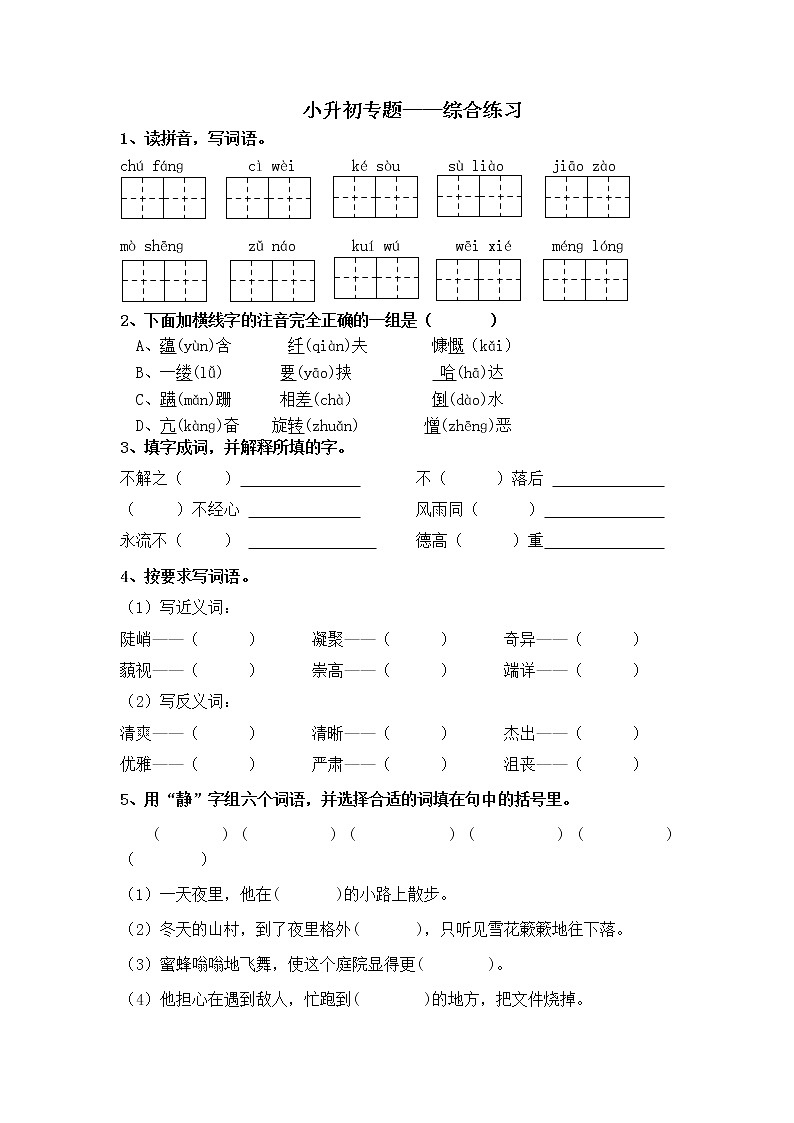 小升初综合练习第1页