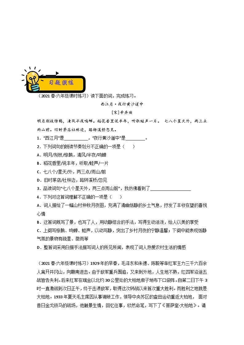 2022-2023年小升初部编版语文古诗鉴赏专项体裁分类训练学案：专题03 词 （含答案）第3页