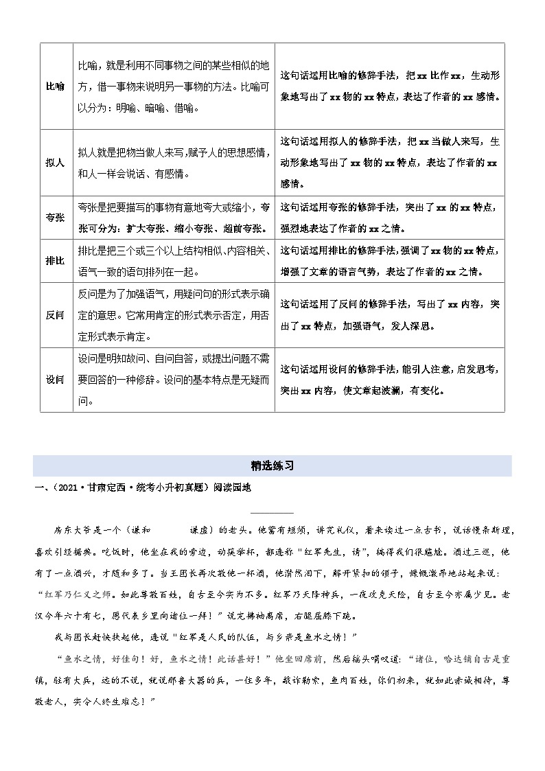 2023年小升初部编版语文阅读理解专项复习学案：专题04 修辞手法及其作用03