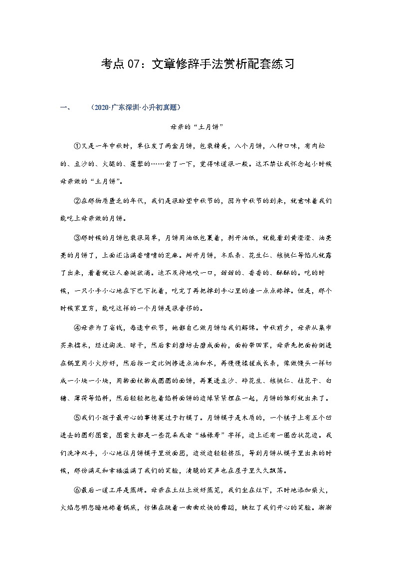 考点07：文章修辞手法赏析（练习）——2023年小升初部编版语文记叙文阅读专项冲刺（教师版+学生版）01