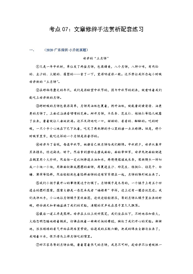 考点07：文章修辞手法赏析（练习）——2023年小升初部编版语文记叙文阅读专项冲刺（教师版+学生版）01
