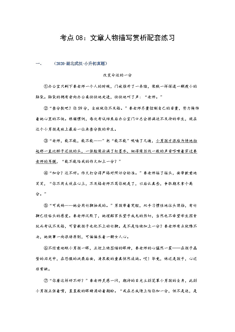 考点08：文章人物描写赏析（练习）（学生版）第1页