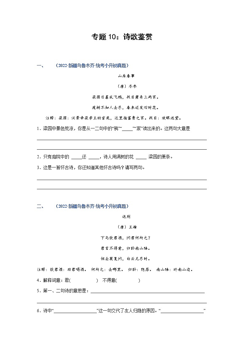 专题10：诗歌鉴赏——2023年部编版语文小升初专项训练100题（含解析）01