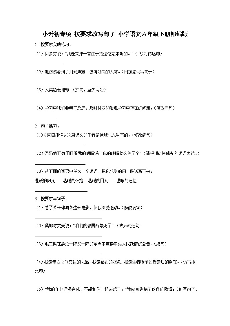 2022-2023学年部编版语文六年级下册小升初专项复习：按要求改写句子 第1页