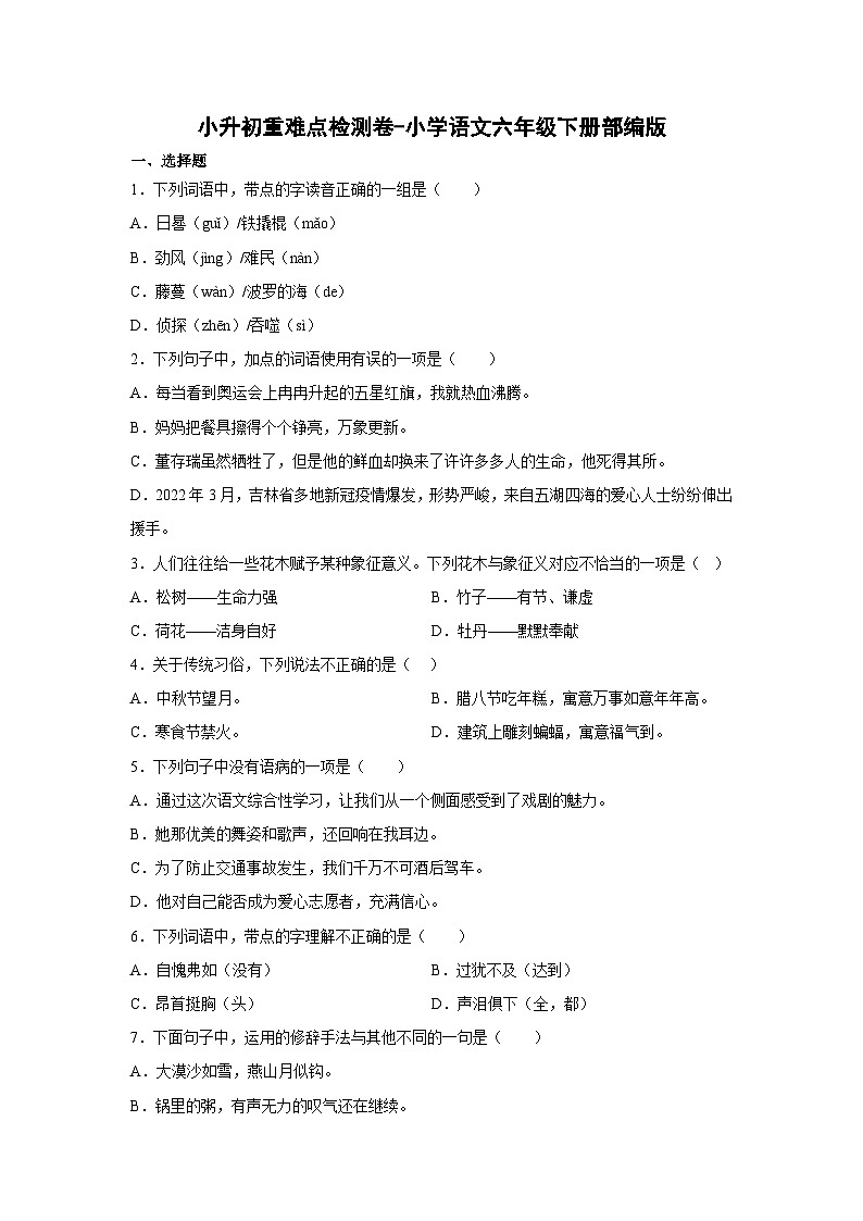 2022-2023学年部编版语文六年级下册小升初易错点检测卷第1页