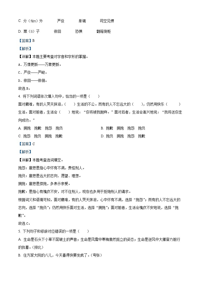 【小升初真题卷】安徽省淮南市2022年部编版小升初考试语文试卷（解析版）第2页