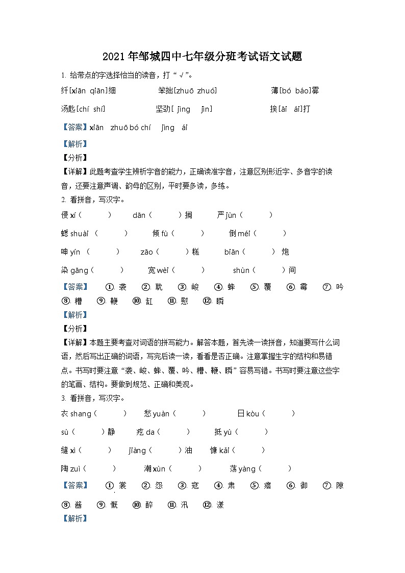 【小升初真题卷】山东省济宁市邹城市第四中学2021年部编版小升初考试语文试卷（解析版）第1页