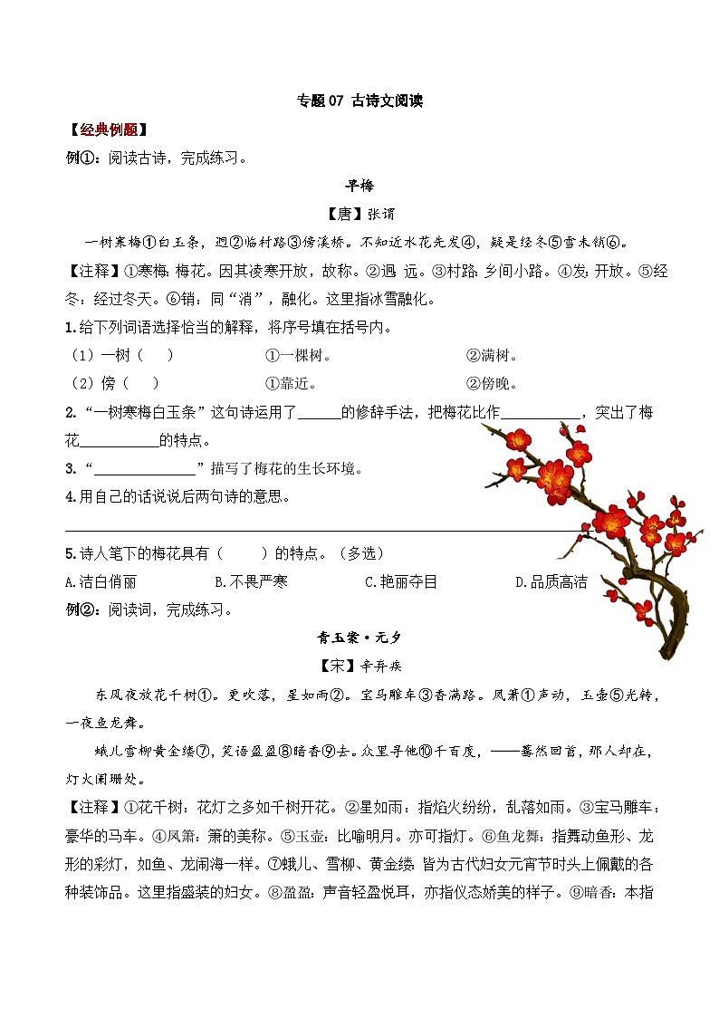 专题07 古诗文阅读 ——2023年部编版语文小升初知识点汇总 （学生版）第1页